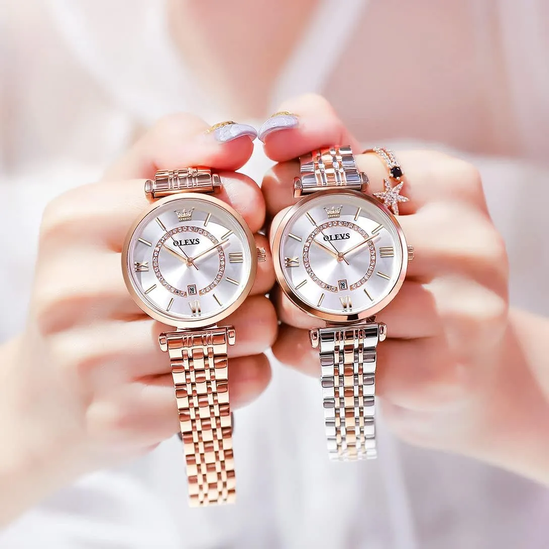 OLEVS Women's Casual Stainless Steel Watch, Small Wrist Simple Watch for Women, Elegant Diamond Roman Numerals Ladies Dress Watch