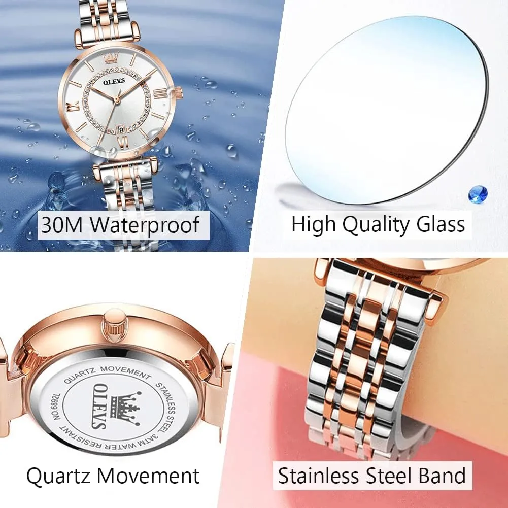 OLEVS Women's Casual Stainless Steel Watch, Small Wrist Simple Watch for Women, Elegant Diamond Roman Numerals Ladies Dress Watch