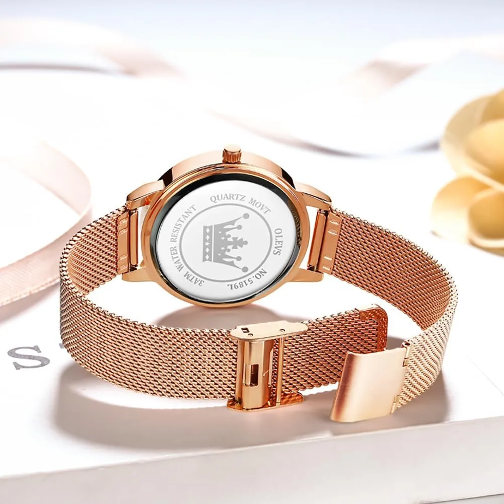 OLEVS Women's Watch Luxury Dress Rose Gold Women Slim Thin Lightweight Watch Stainless Steel Mesh Watches Fashion Waterproof Ladies Wrist Watch Black White Blue Face,Adjustable Bracelet