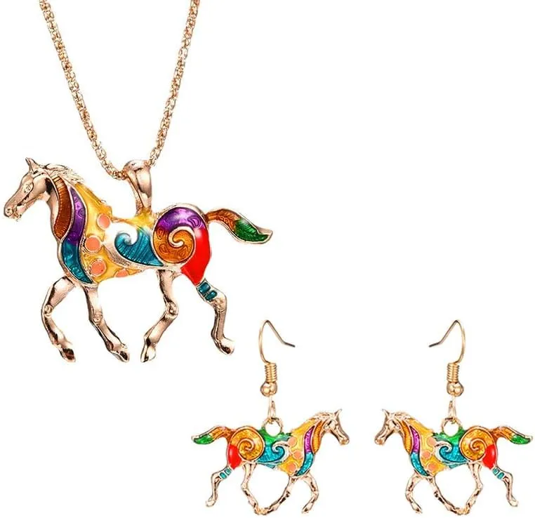 ONLYJUMP 14K Gold Running Horse Earrings Necklace Set for Women Funny Enamel Kentucky Derby Lucky Horse Pendant Necklace Horse Earrings Kentucky Derby Jewelry Gift