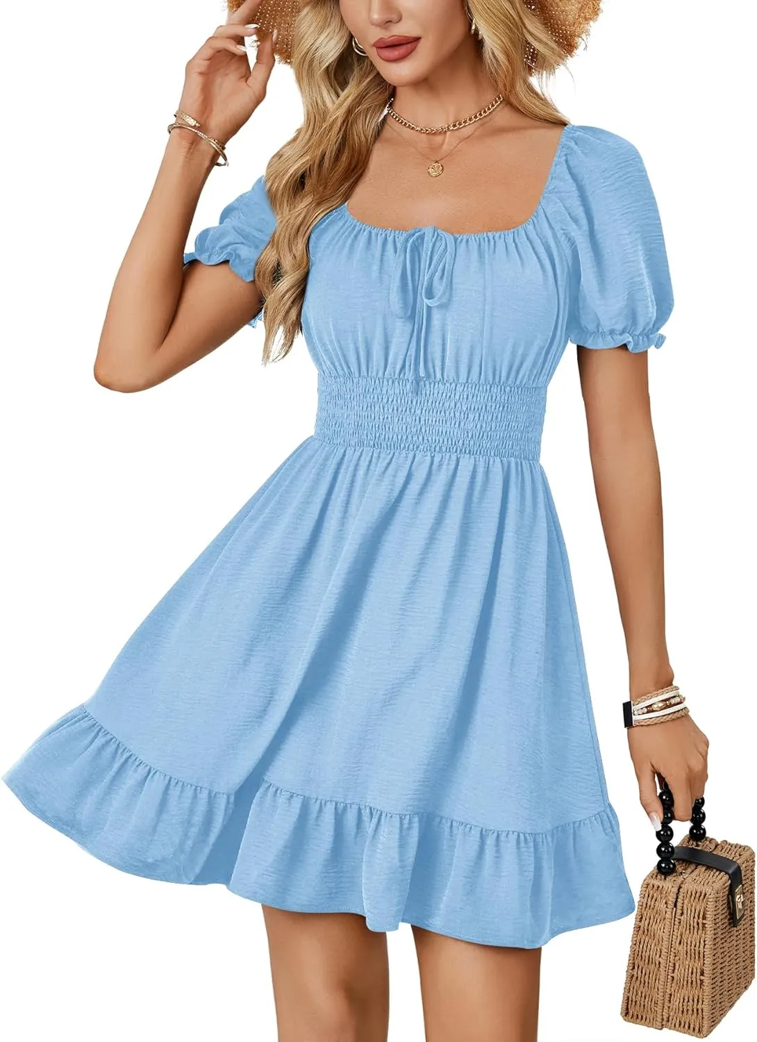 OPOIPIN Women's Square Neck Flounce Short Sleeve Ruffle Hem A Line Short Dress