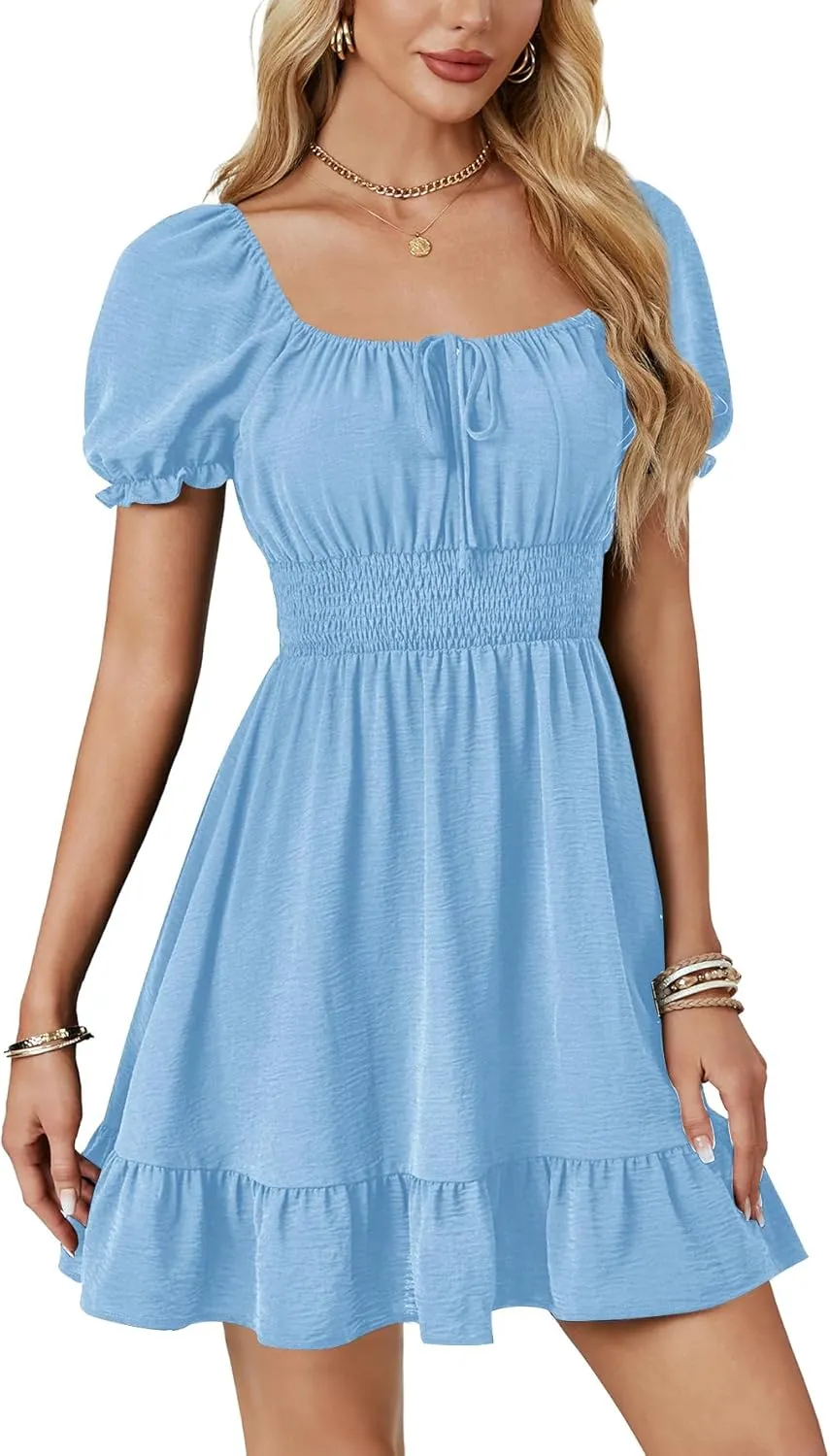 OPOIPIN Women's Square Neck Flounce Short Sleeve Ruffle Hem A Line Short Dress