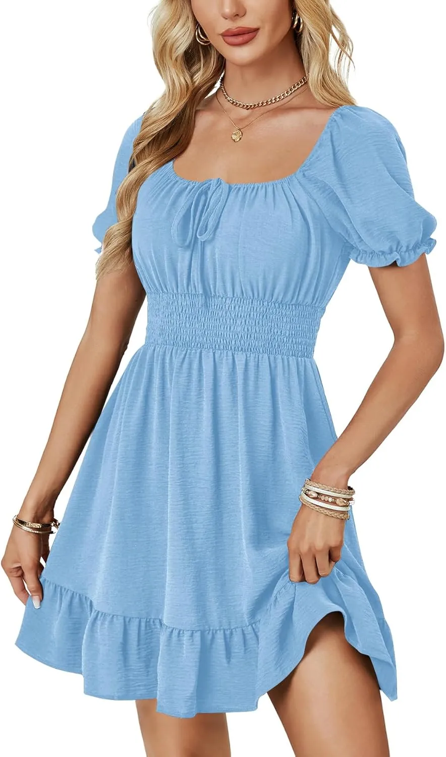 OPOIPIN Women's Square Neck Flounce Short Sleeve Ruffle Hem A Line Short Dress