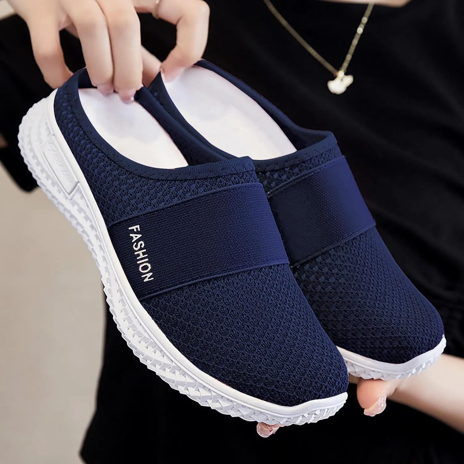 Orthopedic Loafers for Women Summer Breathable Mesh Hollow Out Closed Toe Open Back Slip On Walking Shoes Casual Lightweight Soft Soles Slippers with Arch Support