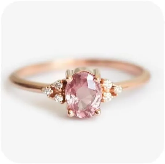 Oval-Cut Pink Sapphire & Zirconia Ring, Delicate Rose Gold Plated Statement Jewelry with Natural Gemstone Size 7