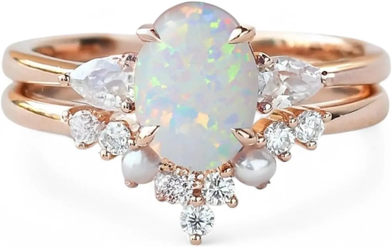 Oval Shape Vintage Opal Bridal Wedding Engagement Ring Set Solid 10K 14K 18K Rose Gold Pearl And Diamond Stacking V Shape band Party Wear Gift For Love