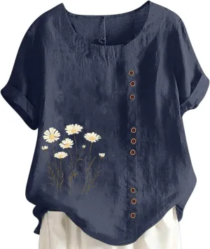 Oversized Tshirts for Women Casual Cotton Linen Short Sleeve Tee Blouse Round Neck Going Out Loose Workout Tops