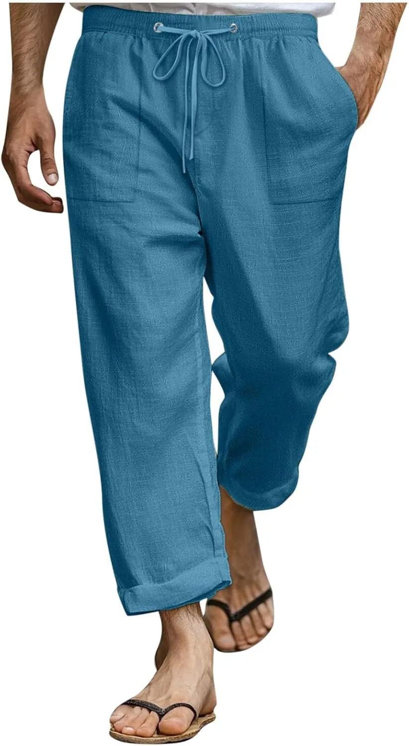 Pants for Men Basic Lightweight Drawstring Elastic Waist Linen Trousers Casual Fashion Summer Classic Beach Clothes