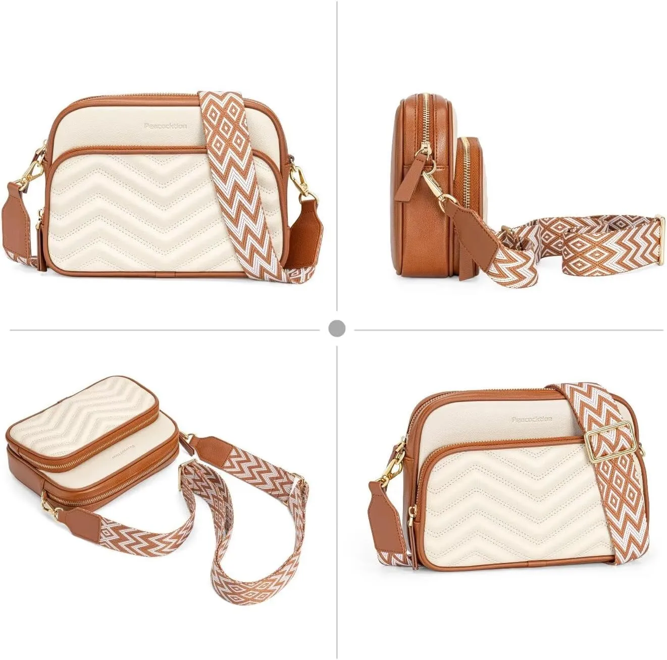 Peacocktion Crossbody Bags for Women Quilted Vegan Leather Small Cross Body Purses Shoulder Handbags with Wide Strap