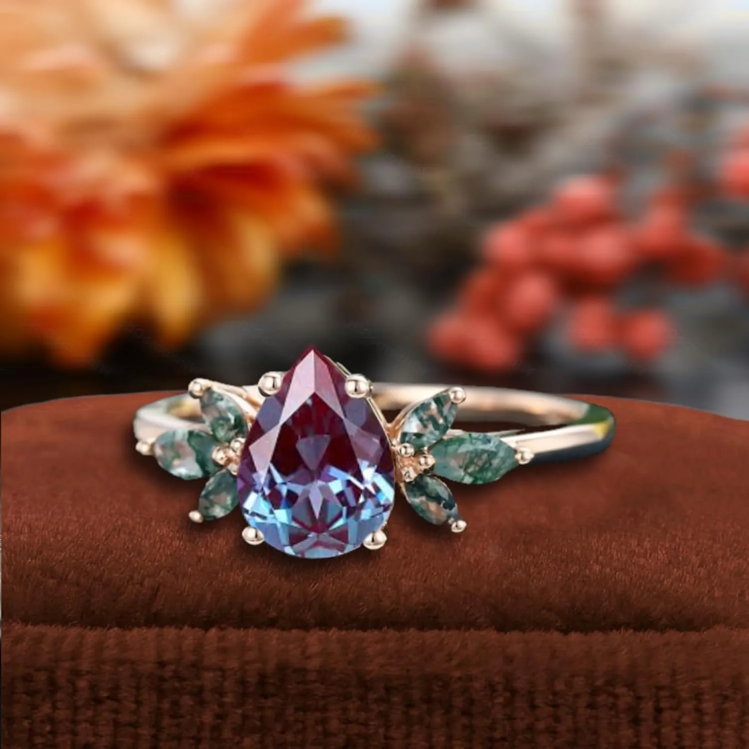 Pear Cut Alexandrite Ring with Moss Agate Accents, Rose Gold Plated, Women's Engagement Ring