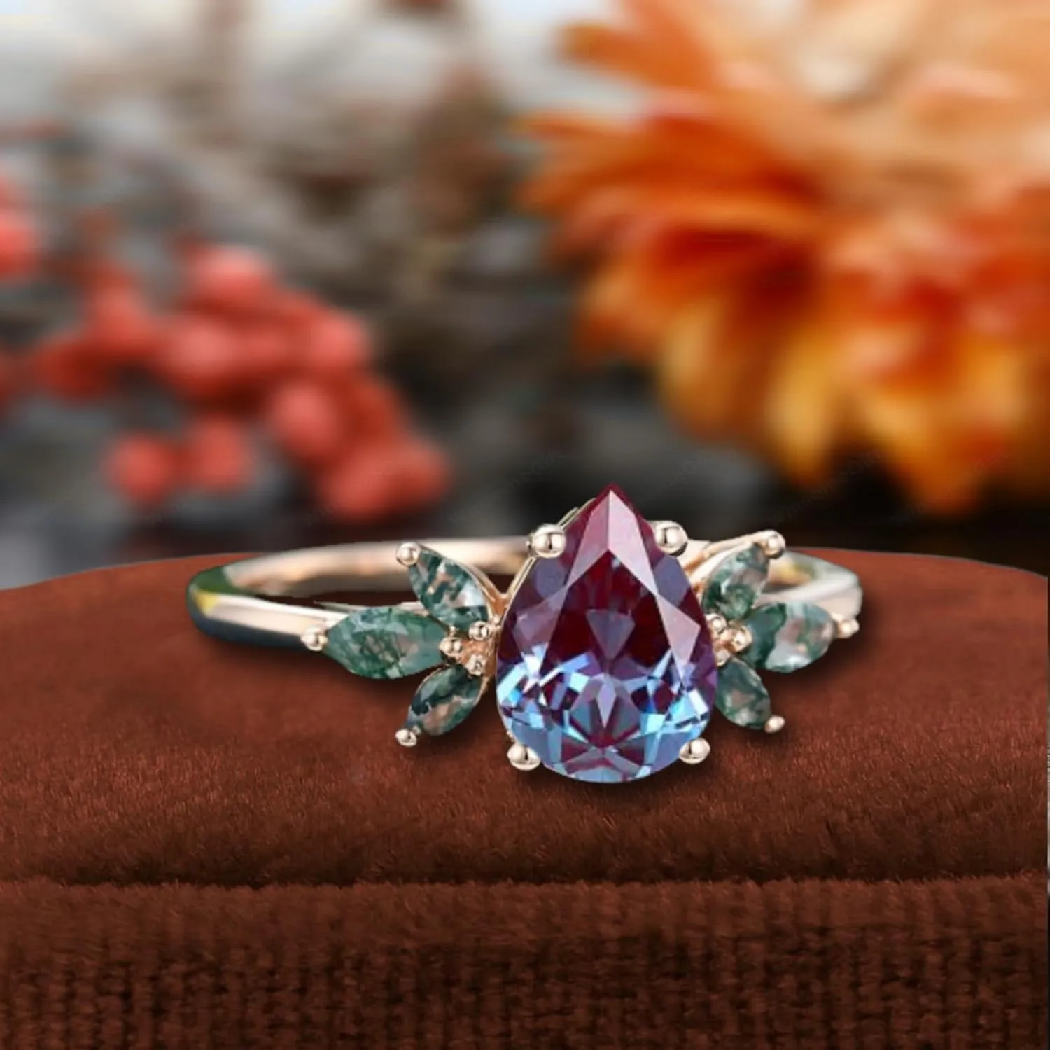 Pear Cut Alexandrite Ring with Moss Agate Accents, Rose Gold Plated, Women's Engagement Ring