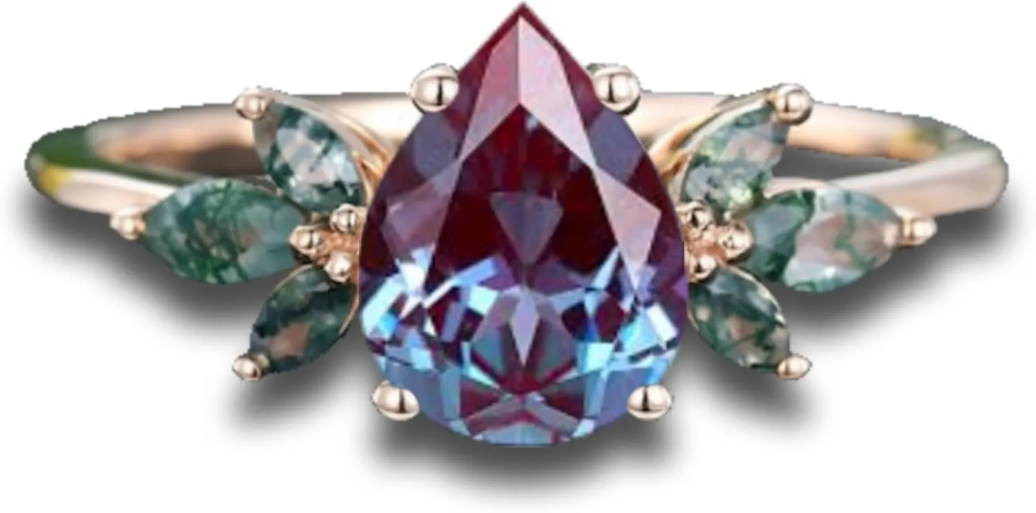 Pear Cut Alexandrite Ring with Moss Agate Accents, Rose Gold Plated, Women's Engagement Ring