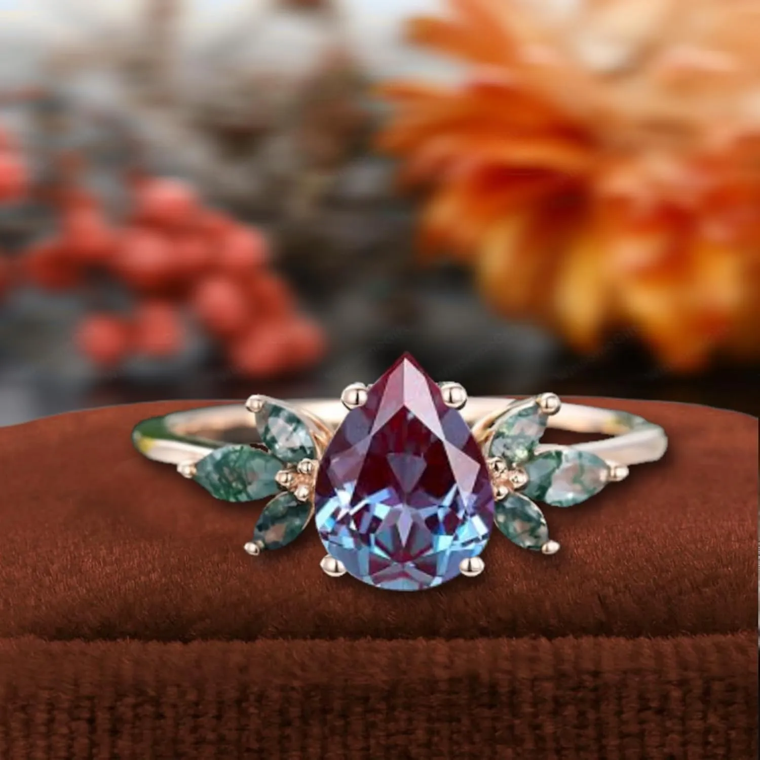 Pear Cut Alexandrite Ring with Moss Agate Accents, Rose Gold Plated, Women's Engagement Ring