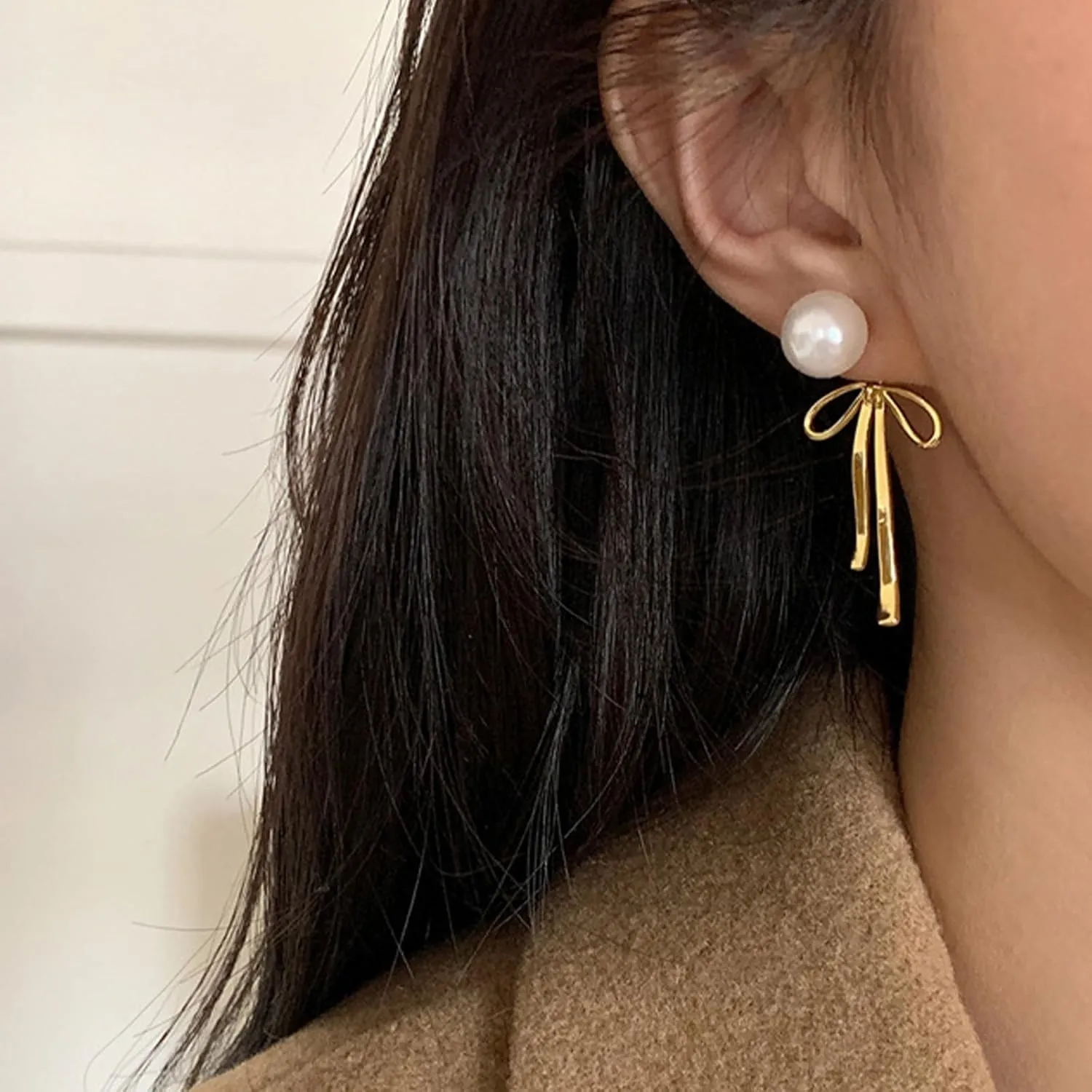 Pearl Bow Earrings for Women Dainty 14k Gold Plated Earrings Gold Bow Earrings Dangle Bownot Statement Earrings Jewelry Gift