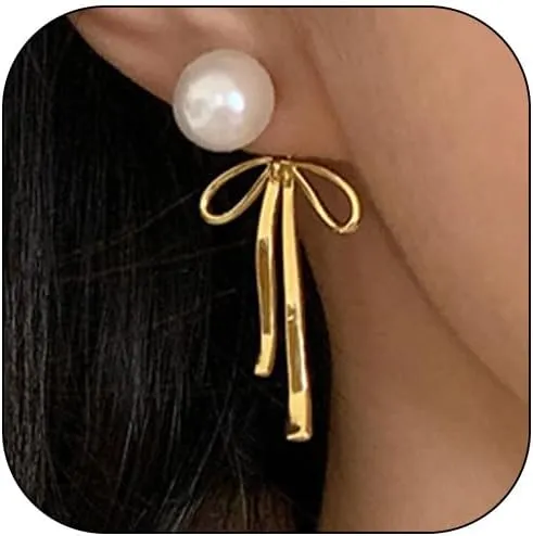 Pearl Bow Earrings for Women Dainty 14k Gold Plated Earrings Gold Bow Earrings Dangle Bownot Statement Earrings Jewelry Gift
