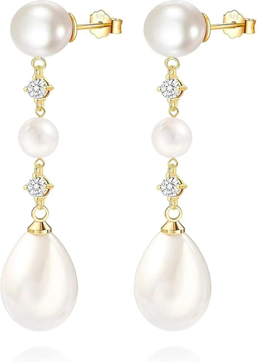Pearl Earrings for Women 14K Gold Plated/925 Sterling Silver Double Pearl Dangle Drop Earrings for Bridal Wedding Prom Jewelry Gifts
