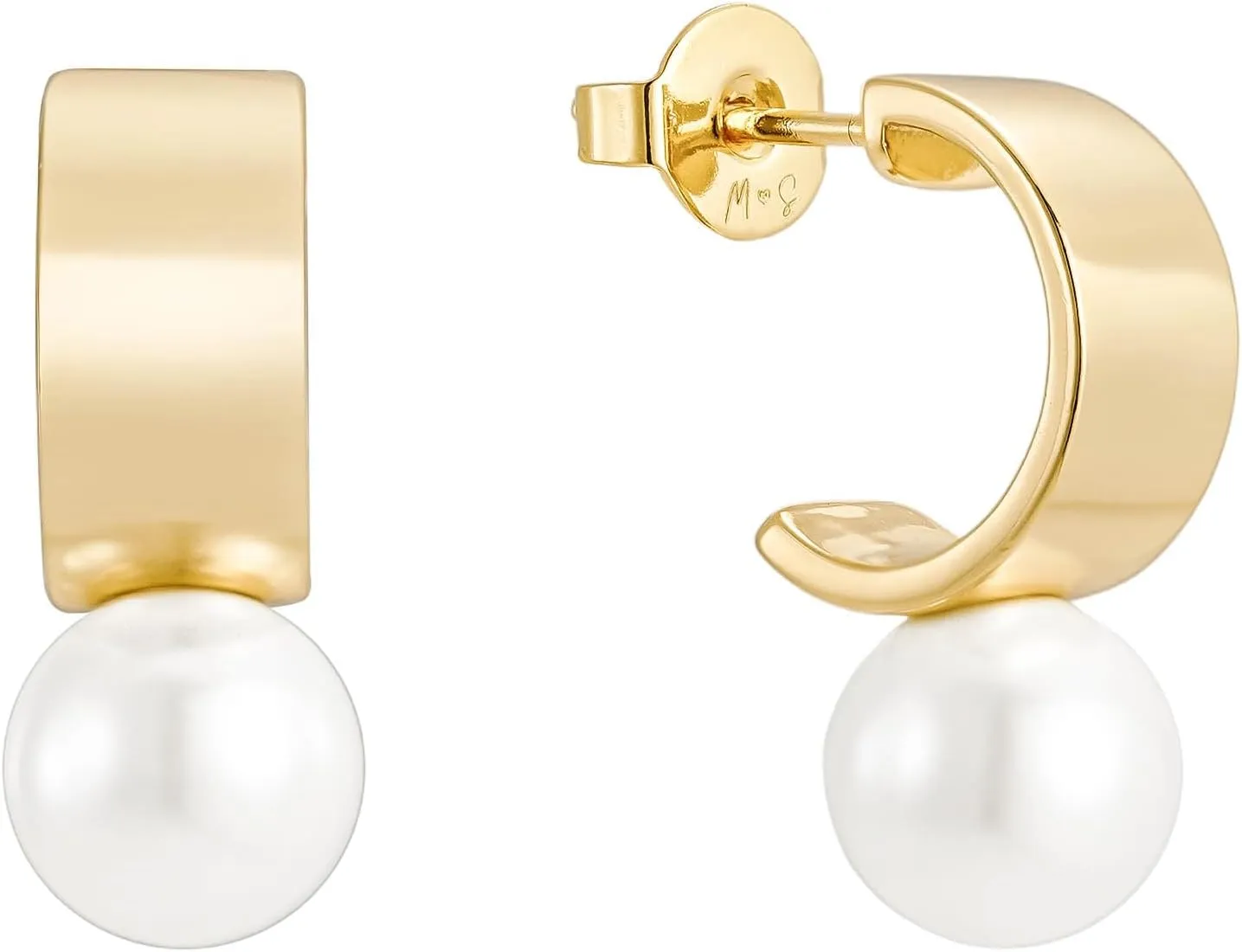 Pearl Stud Hoop Earrings  18K Gold Plated Sterling Silver Earrings with Simulated Pearl Accent  Hypoallergenic Gold Hoop Earrings for Women  Secure Push Back  Elegant & Timeless Design by Malibu Sunday