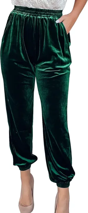 PEHMEA Womens Velvet Velour Joggers Elastic Waist Trousers Casual High Waist Pants Relaxed Fit Sweatpants(Green-M)