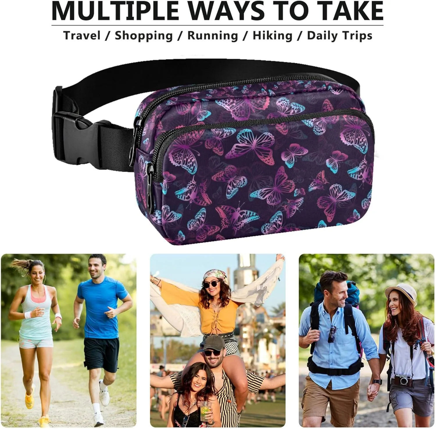 Personalized Butterfly Purple Neon Black Waterproof Fanny Packs for Women Hip Pack Belt Bag Flower Travel Waist Pouch