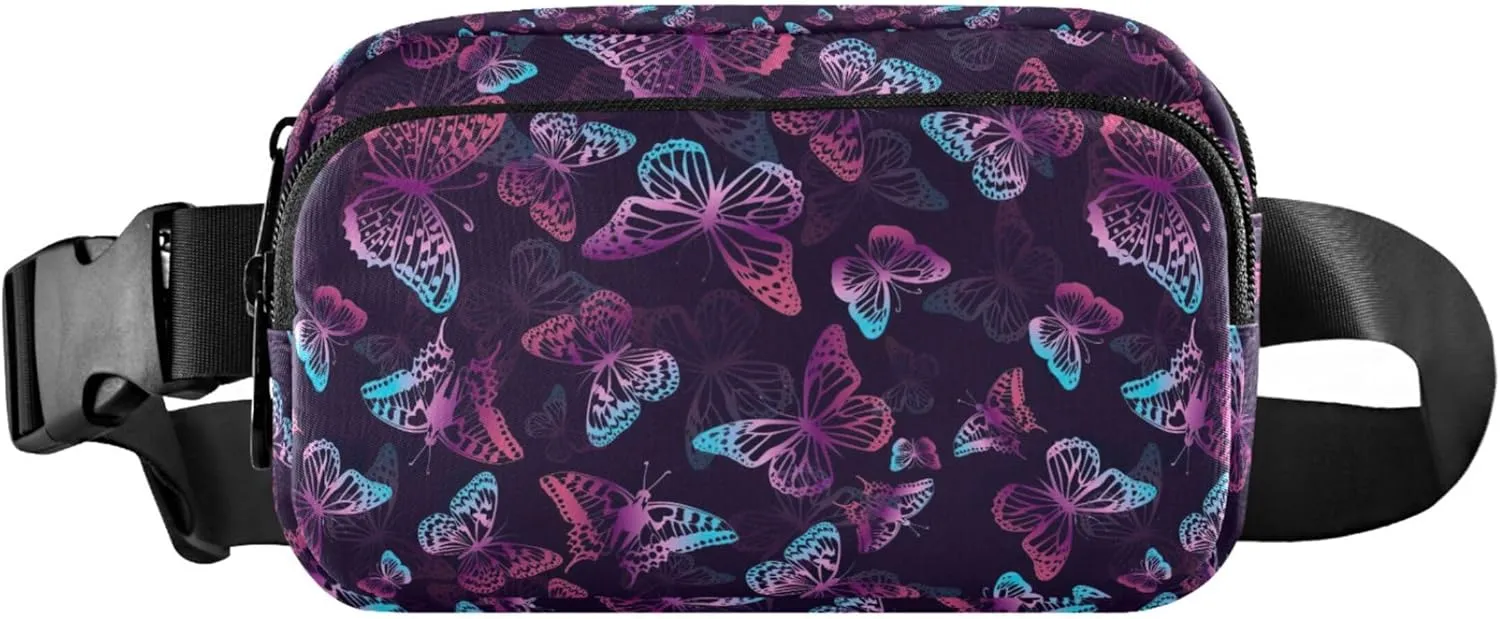 Personalized Butterfly Purple Neon Black Waterproof Fanny Packs for Women Hip Pack Belt Bag Flower Travel Waist Pouch