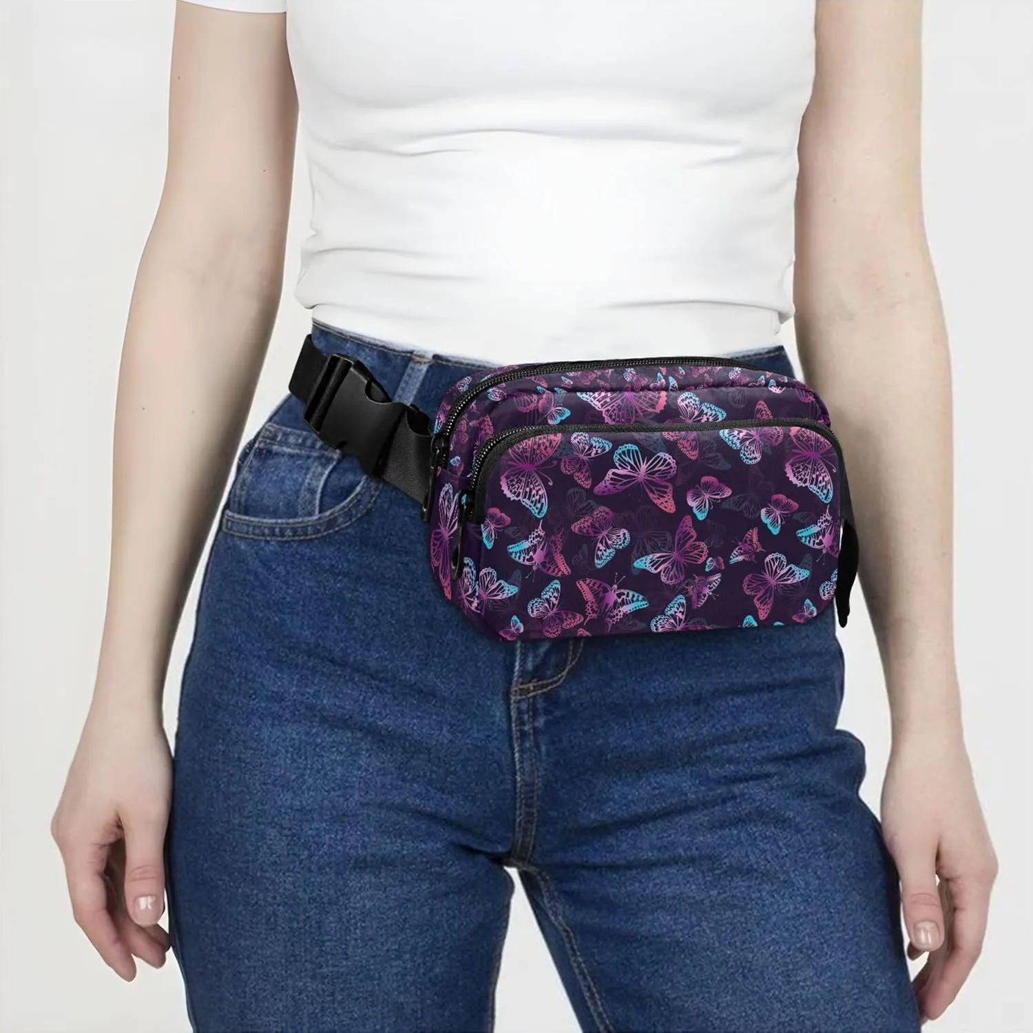 Personalized Butterfly Purple Neon Black Waterproof Fanny Packs for Women Hip Pack Belt Bag Flower Travel Waist Pouch