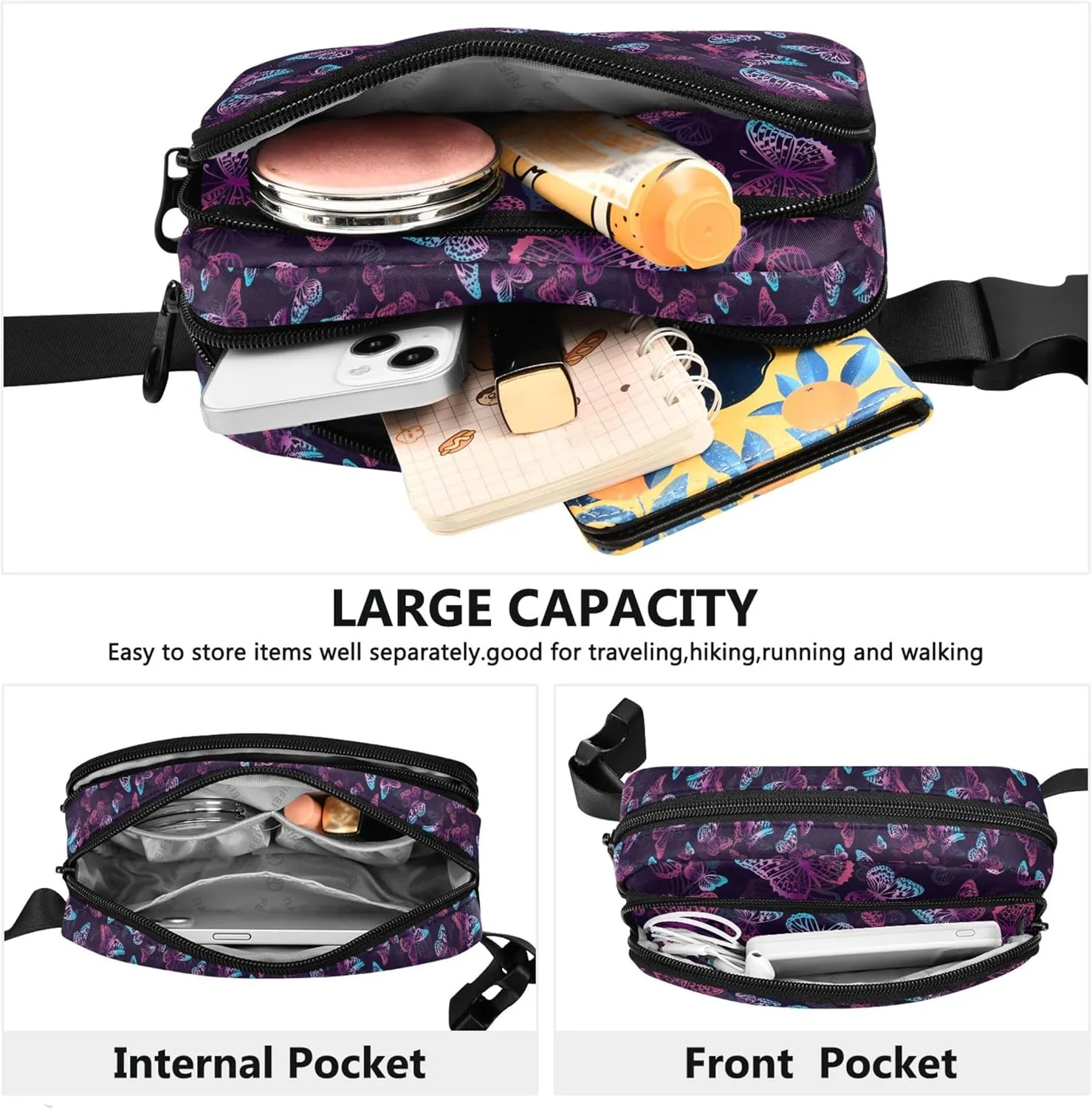 Personalized Butterfly Purple Neon Black Waterproof Fanny Packs for Women Hip Pack Belt Bag Flower Travel Waist Pouch