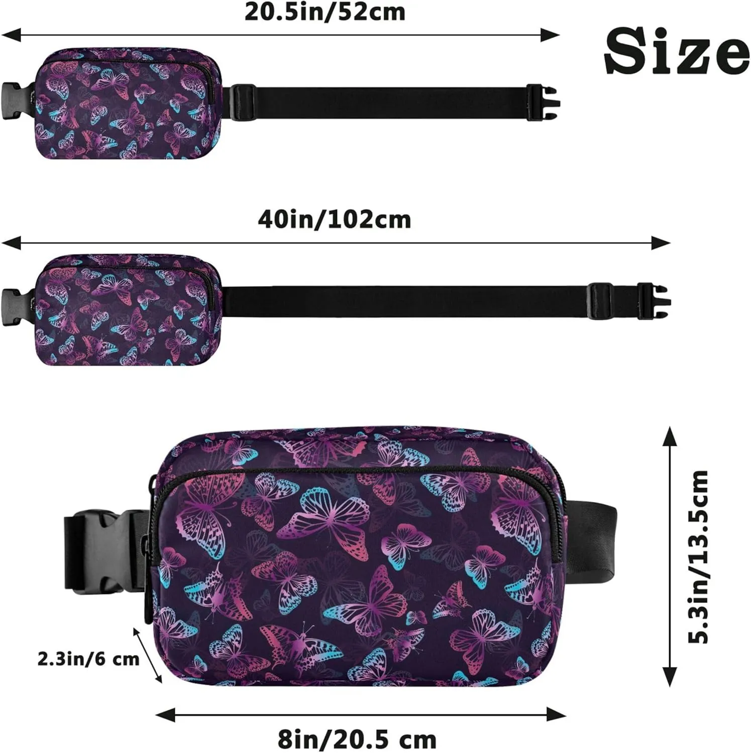 Personalized Butterfly Purple Neon Black Waterproof Fanny Packs for Women Hip Pack Belt Bag Flower Travel Waist Pouch