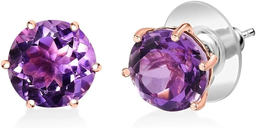 Pink Amethyst 925 Sterling Silver 18K Vermeil Rose Gold Plated Stud Solitaire Earrings for Women Jewelry Birthday Gifts Ct 6.15