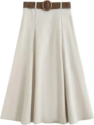 Pleated Midi Skirt with Belt for Women, High Waist, Side Zipper, Female Skirts, Fashion M