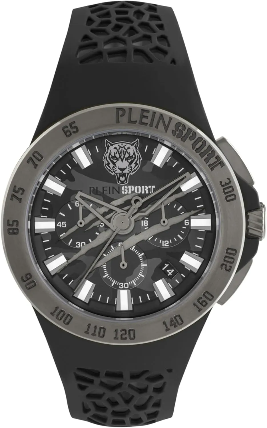 Plein Sport Thunderstorm Chrono Collection Luxury Mens Watch Timepieces with a Black Strap Featuring a Gun Case and a Camo Dial