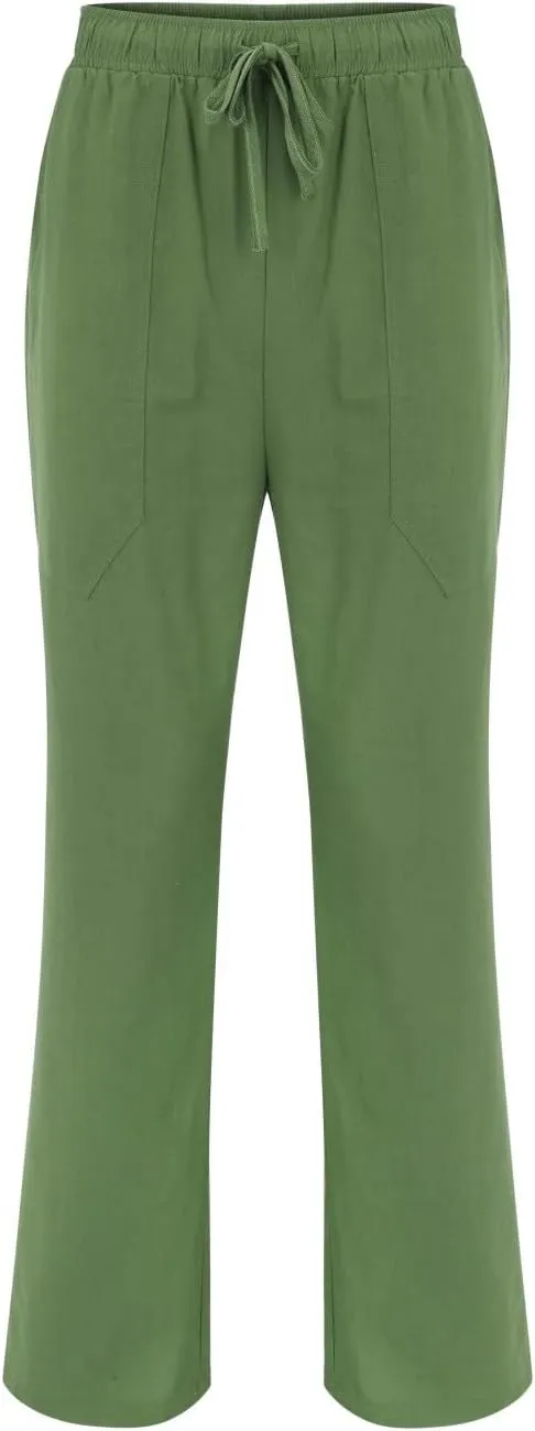 Plus Size Linen Pants Men Loose Wide Leg Elastic Drawstring Waist Casual Pants Lightweight Straight Leg Beach Trouser