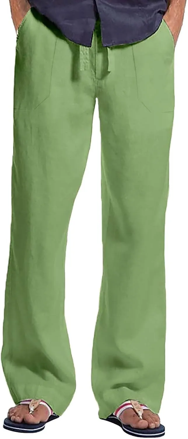 Plus Size Linen Pants Men Loose Wide Leg Elastic Drawstring Waist Casual Pants Lightweight Straight Leg Beach Trouser