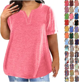 Plus Size Tops for Women 2025 Floral Print Summer V Neck Short Sleeve T Shirts Oversized Trendy Dressy Casual Blouses