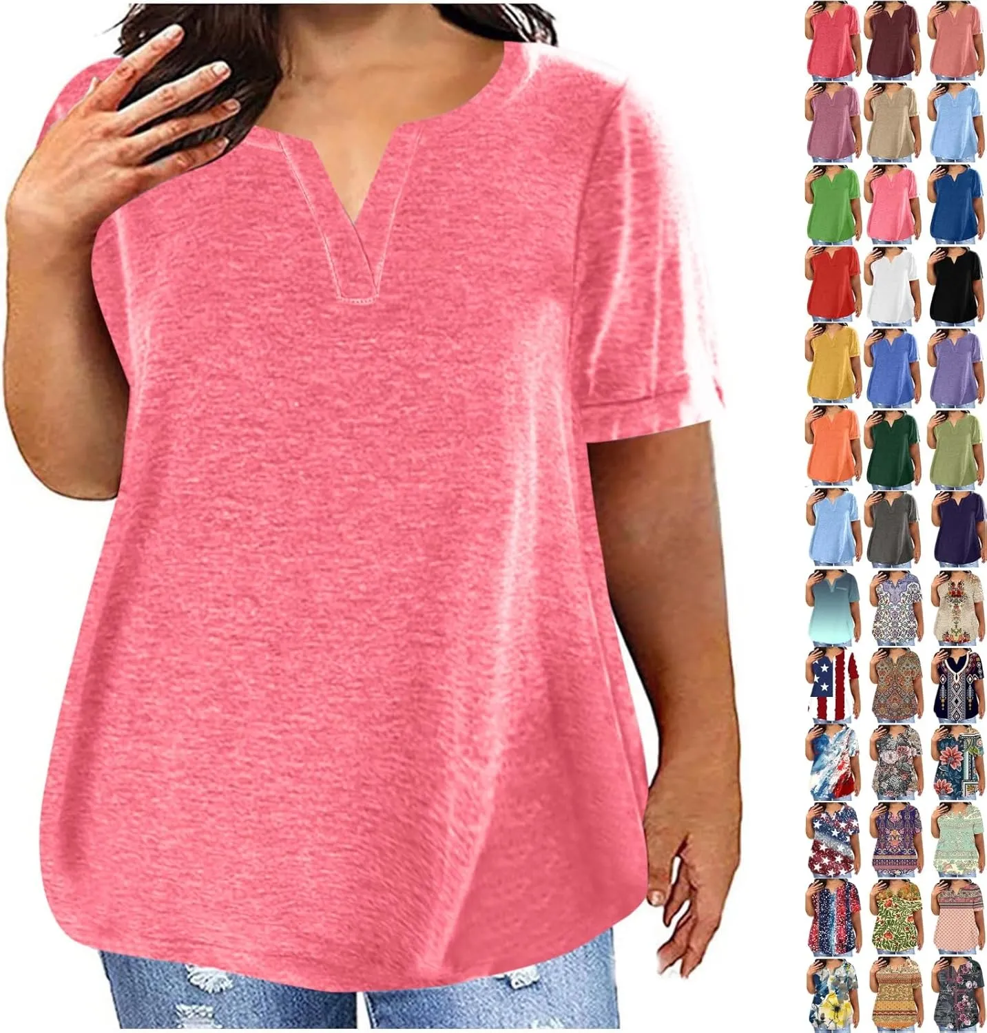 Plus Size Tops for Women 2025 Floral Print Summer V Neck Short Sleeve T Shirts Oversized Trendy Dressy Casual Blouses