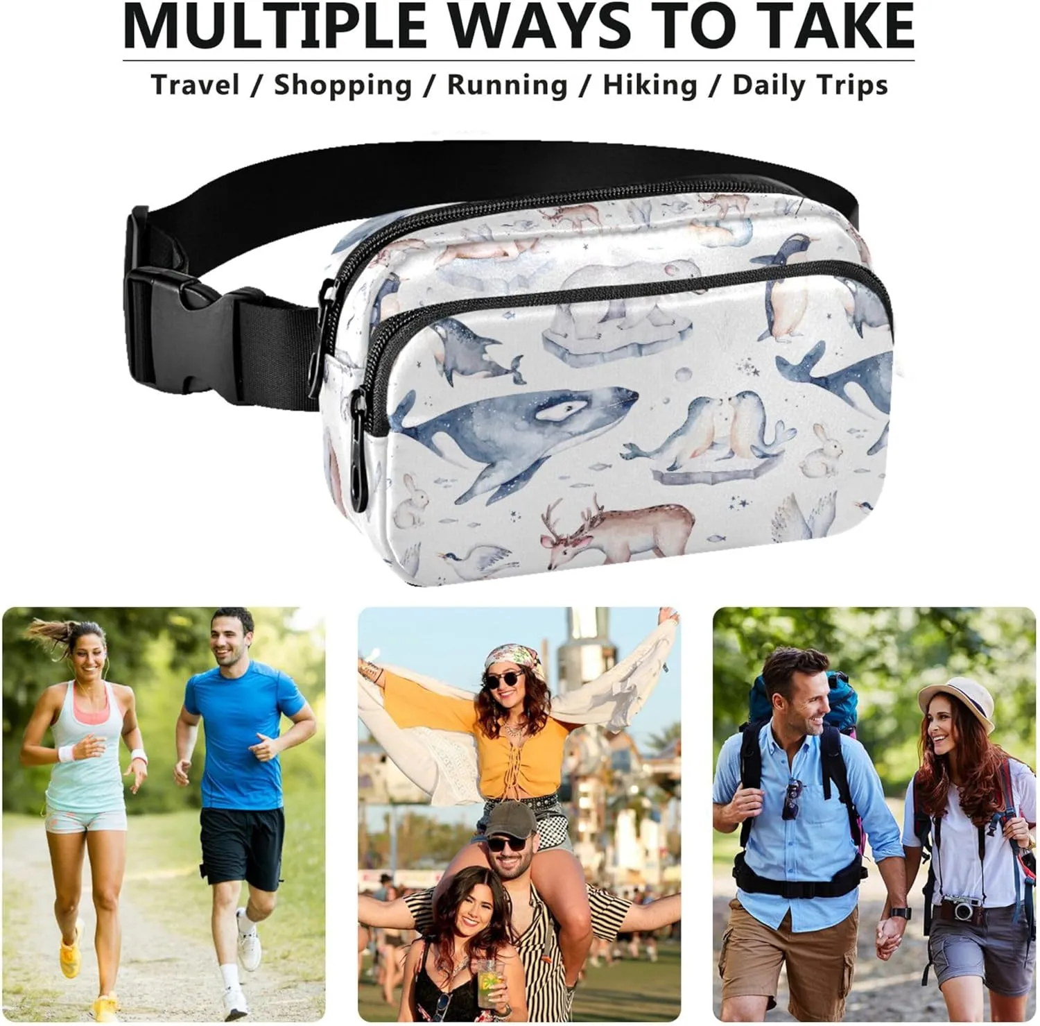 Polar Bear Animals Penguin Fanny Packs for Women Hip Pouch Belt Bag Waterproof Funny Travel Waist Bag