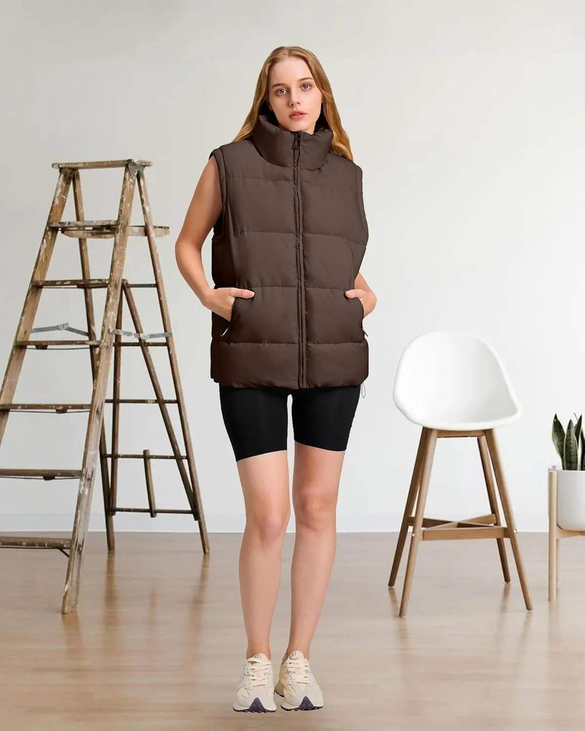 Polu Womens Puffer Vest 2024 Oversized Lightweight Winter Sleeveless Zip Up Padded Stand Collar Jacket Coat Warm