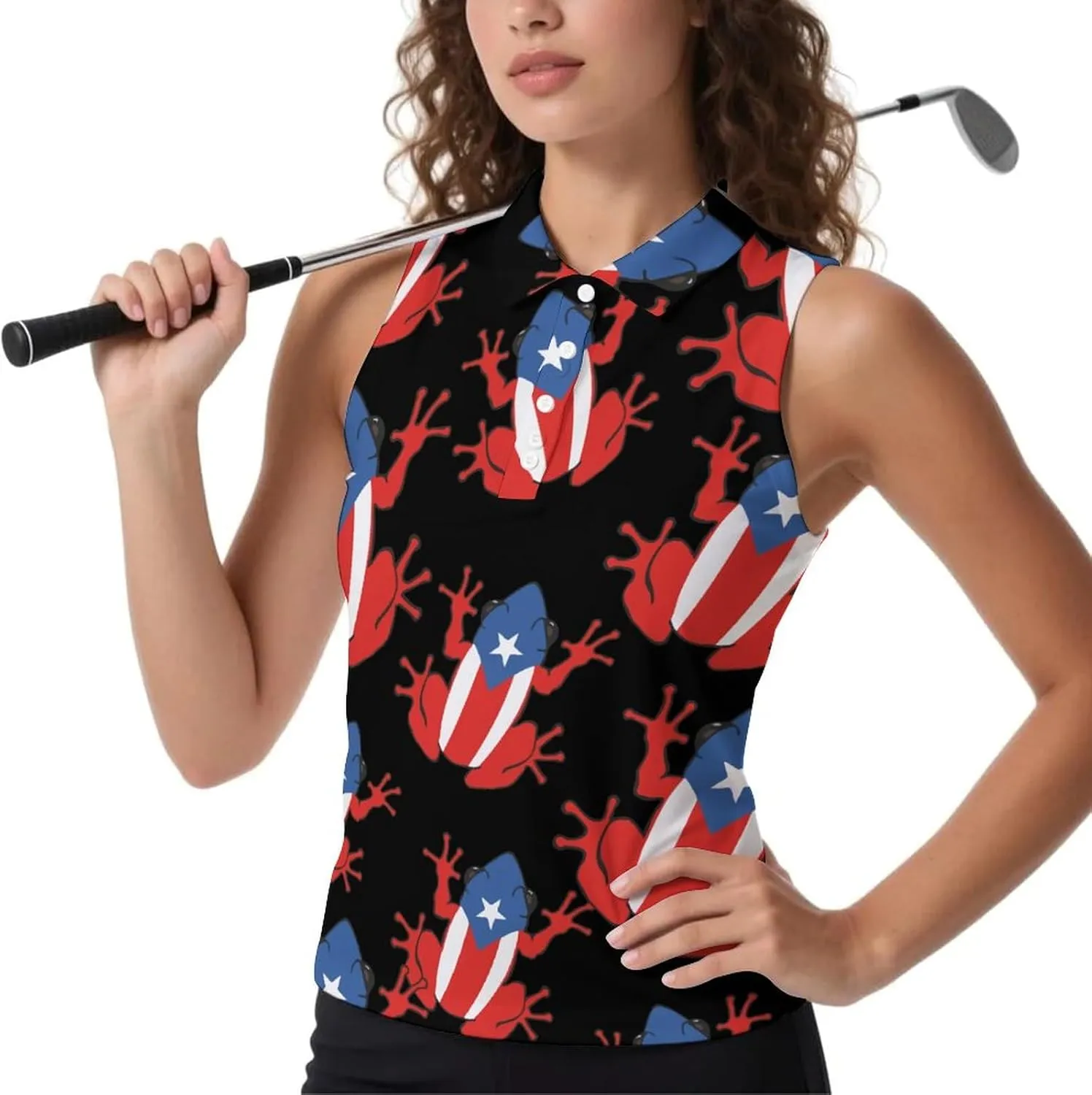 Puertorican Frog Flag Women's Sleeveless Golf Polo Shirts Athletic Tank Tops