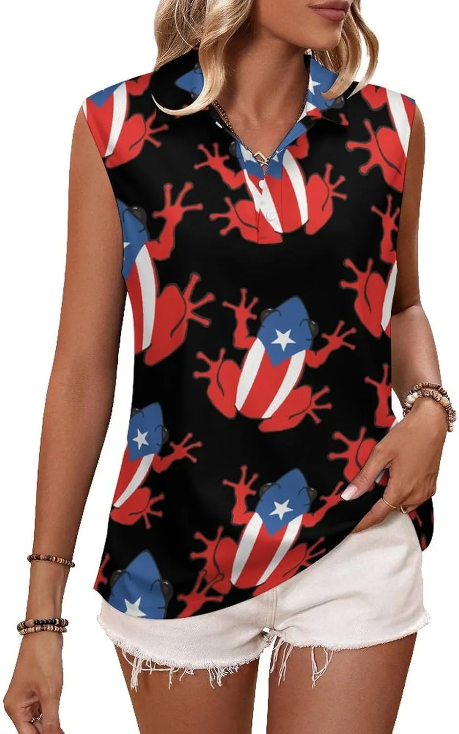 Puertorican Frog Flag Women's Sleeveless Golf Polo Shirts Athletic Tank Tops