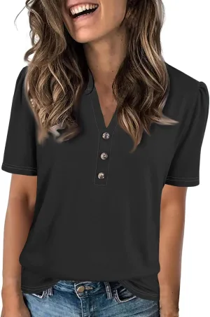 Puff Sleeve Tops for Women Summer Solid/Floral Printed Button V Neck Short Sleeve Top Casual Loose Going Out Blouse