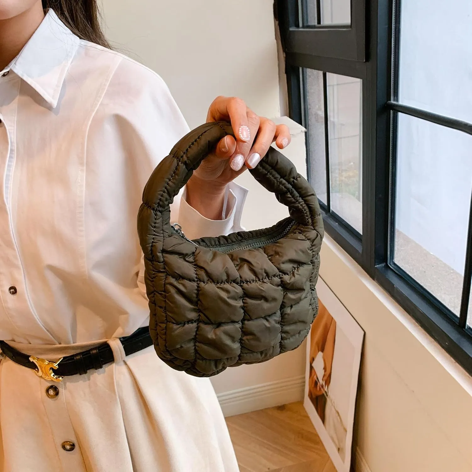Quilted MINI Handbag and Purses Women Puffer Nylon Hobo Cotton Padded Purse Work Travel Lightweight