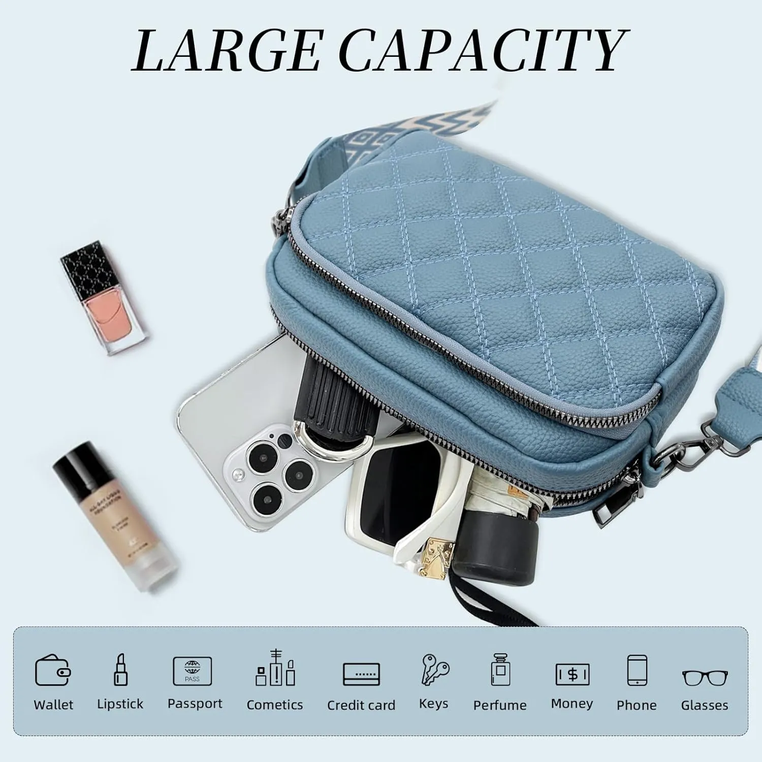 Quilted Purses for Women Crossbody Purse Small Crossbody Bag Leather Shoulder Handbags Wide Guitar Strap Purse