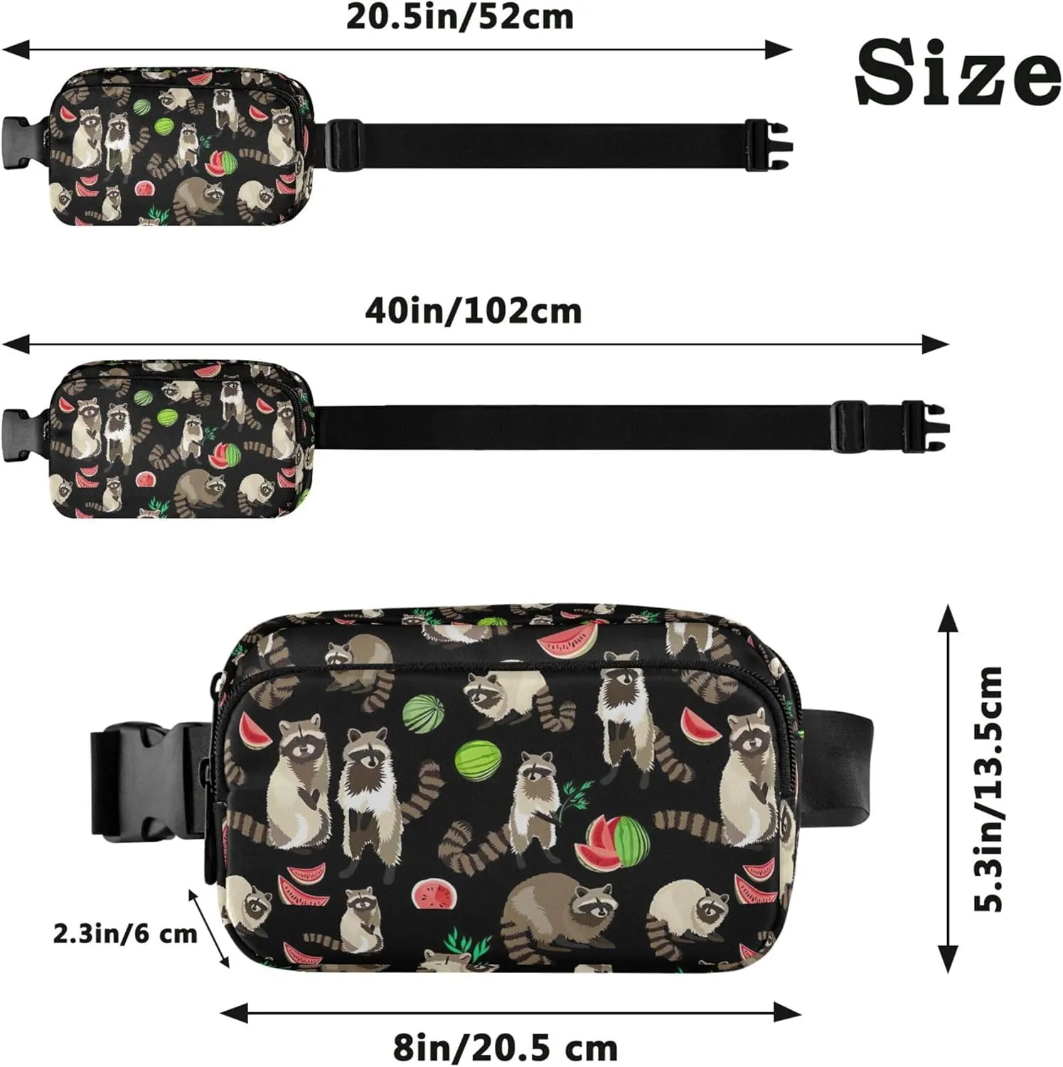 Raccoon Watercolor Floral Black Fanny Packs for Women Colorful Hip Pack Belt Pouch Waterproof Travel Waist Pouch