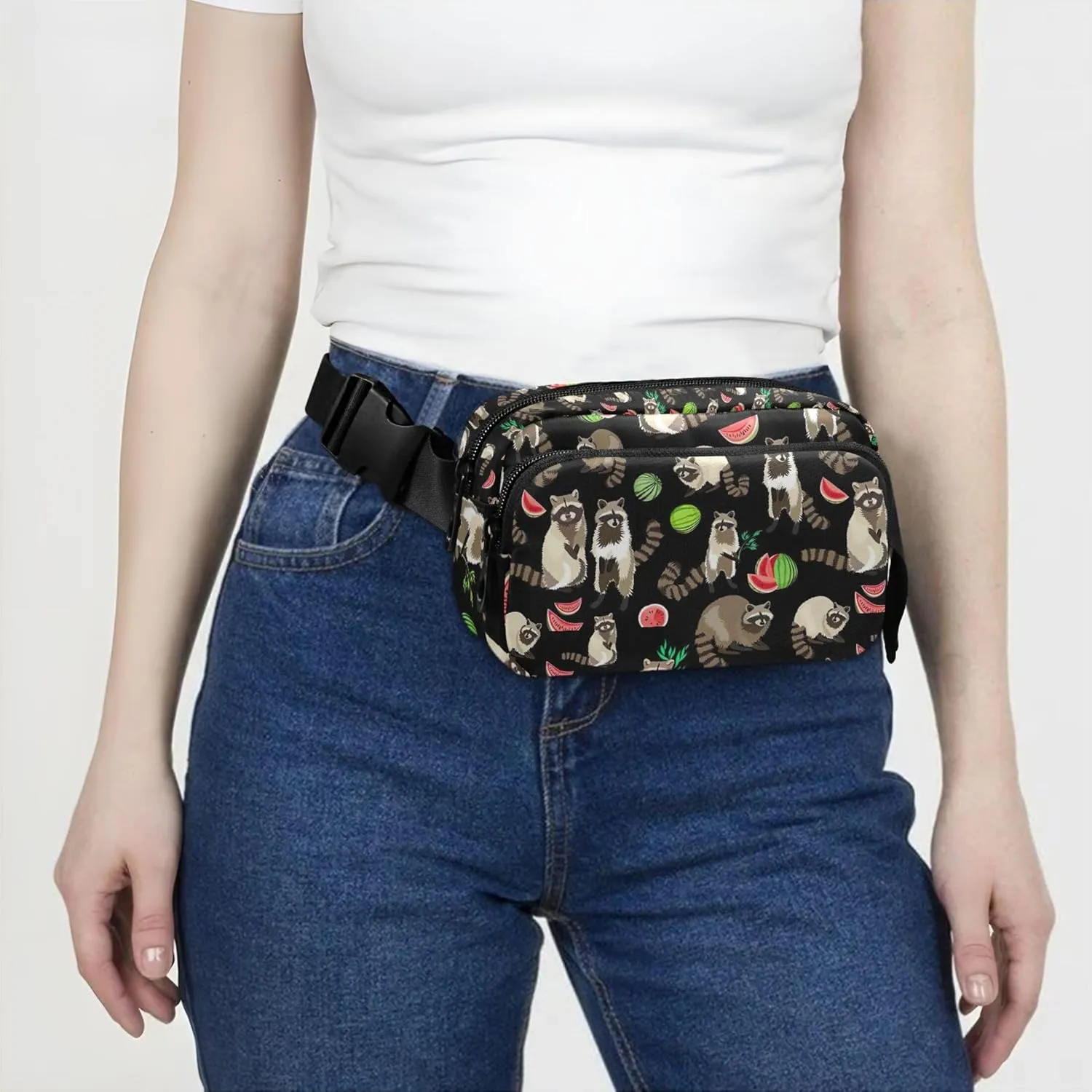 Raccoon Watercolor Floral Black Fanny Packs for Women Colorful Hip Pack Belt Pouch Waterproof Travel Waist Pouch