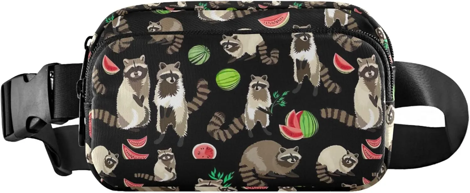 Raccoon Watercolor Floral Black Fanny Packs for Women Colorful Hip Pack Belt Pouch Waterproof Travel Waist Pouch