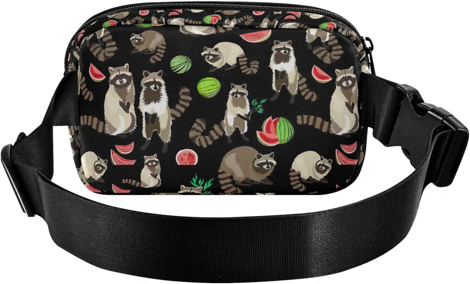Raccoon Watercolor Floral Black Fanny Packs for Women Colorful Hip Pack Belt Pouch Waterproof Travel Waist Pouch