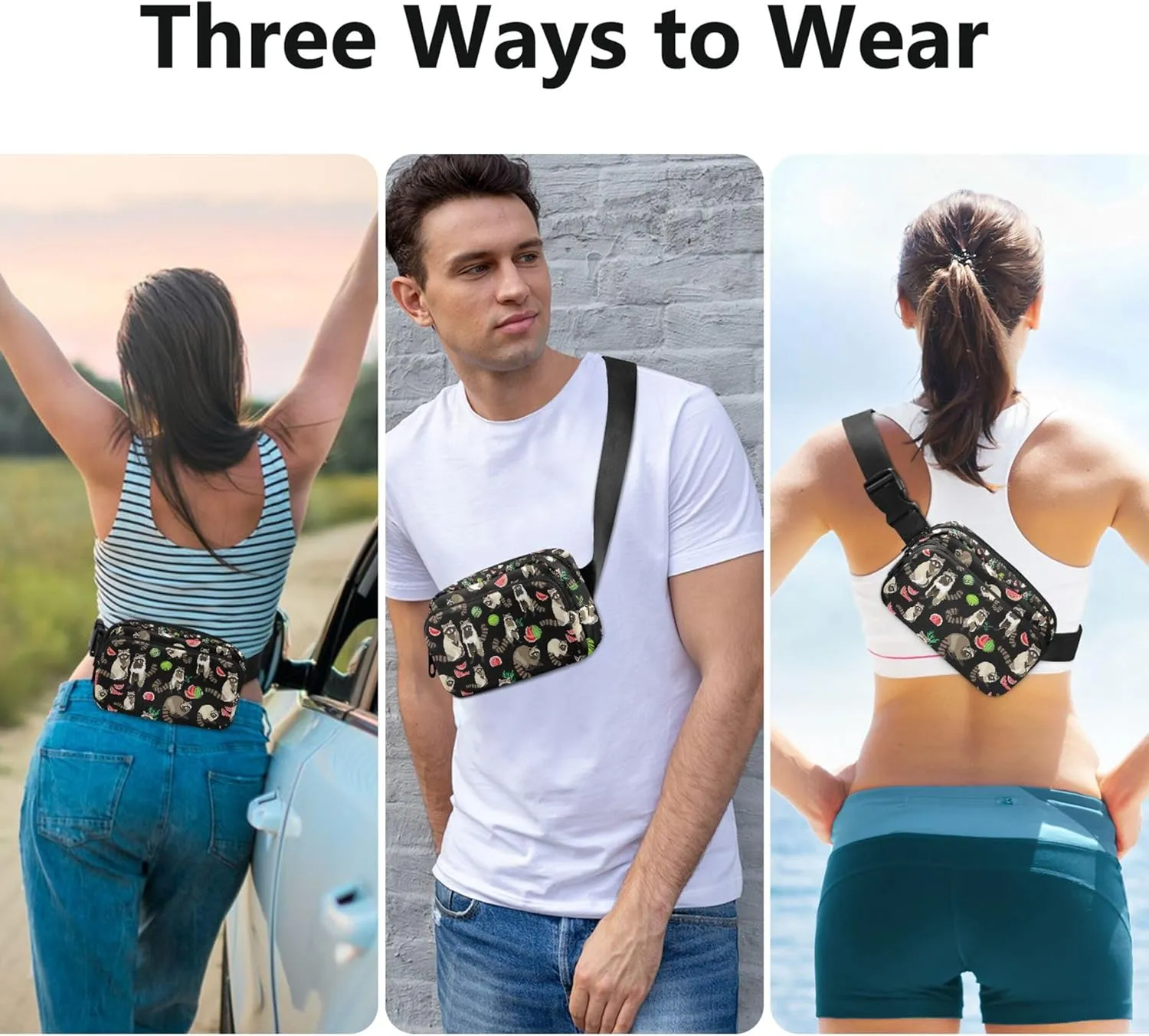 Raccoon Watercolor Floral Black Fanny Packs for Women Colorful Hip Pack Belt Pouch Waterproof Travel Waist Pouch
