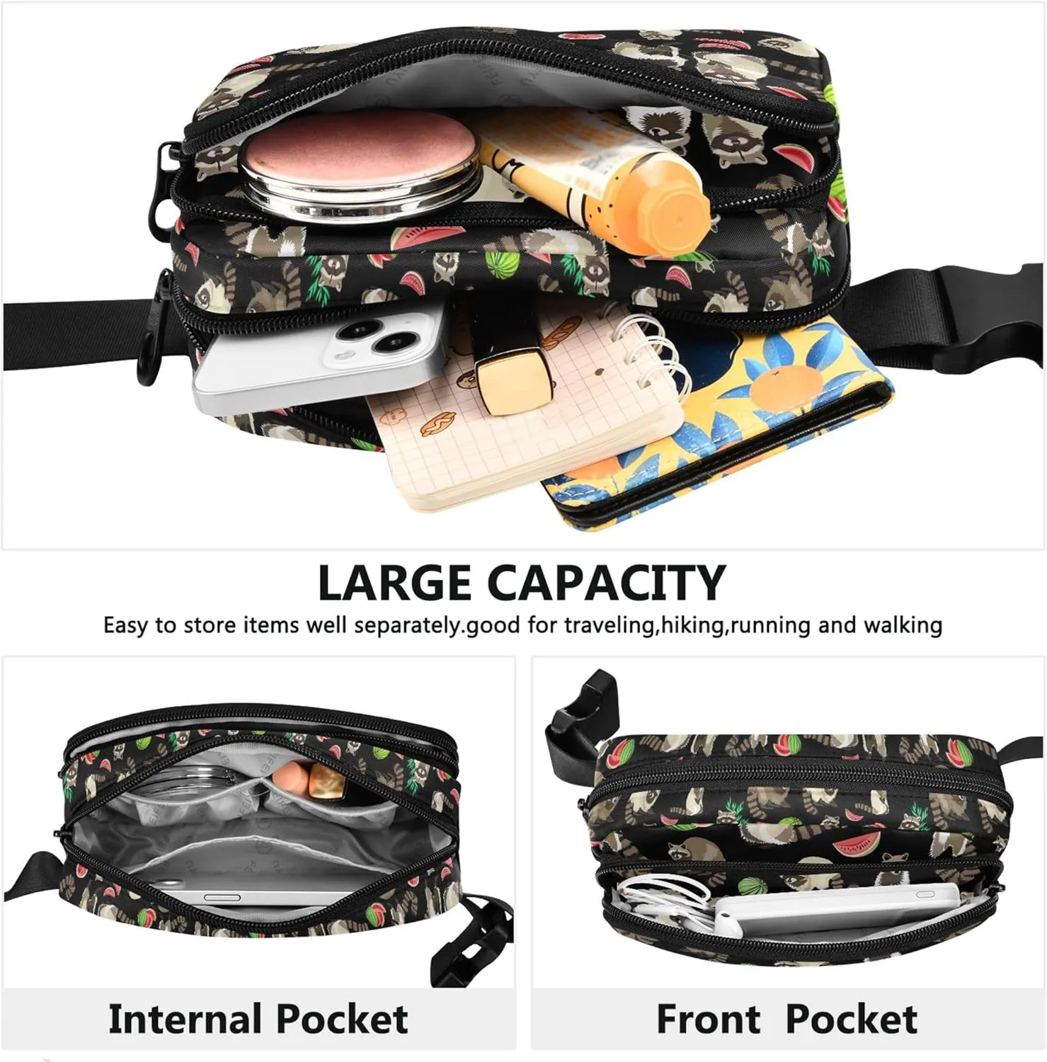 Raccoon Watercolor Floral Black Fanny Packs for Women Colorful Hip Pack Belt Pouch Waterproof Travel Waist Pouch