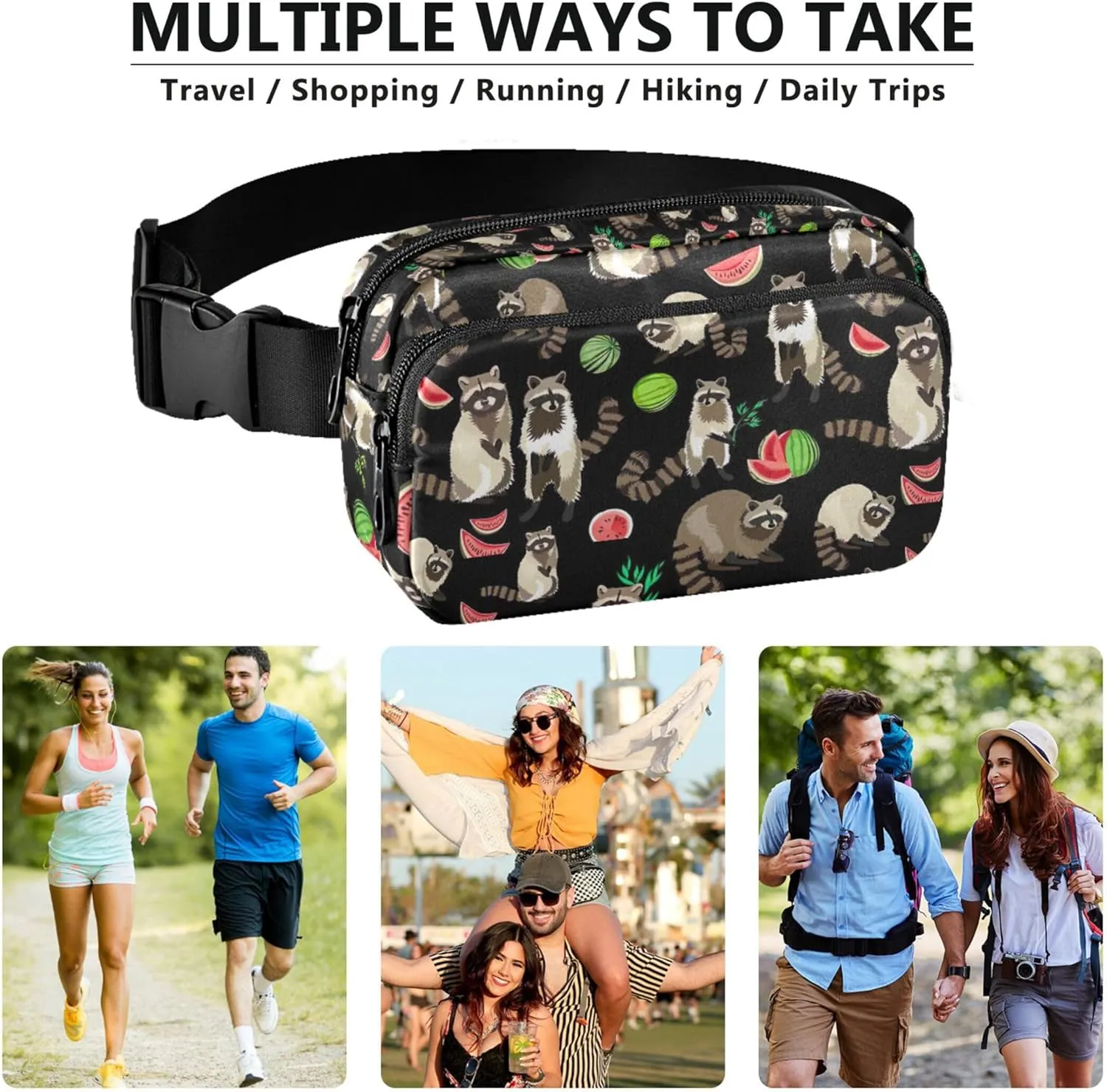 Raccoon Watercolor Floral Black Fanny Packs for Women Colorful Hip Pack Belt Pouch Waterproof Travel Waist Pouch