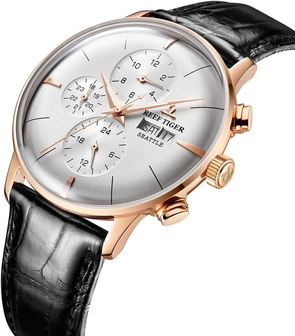 REEF TIGER Luxury Dress Watch Genuine Leather Strap Rose Gold Automatic Watches for Men RGA1699
