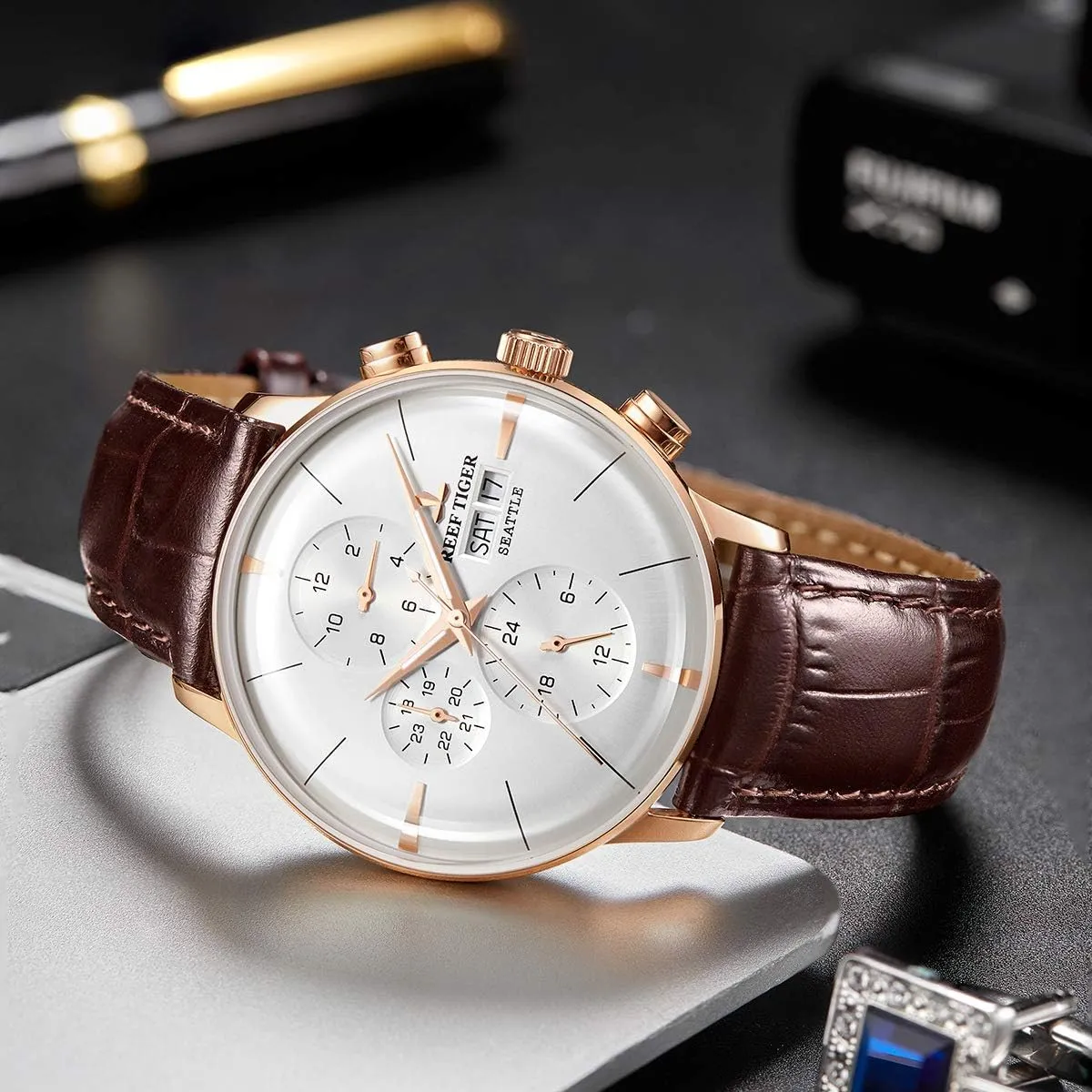 REEF TIGER Luxury Dress Watch Genuine Leather Strap Rose Gold Automatic Watches for Men RGA1699